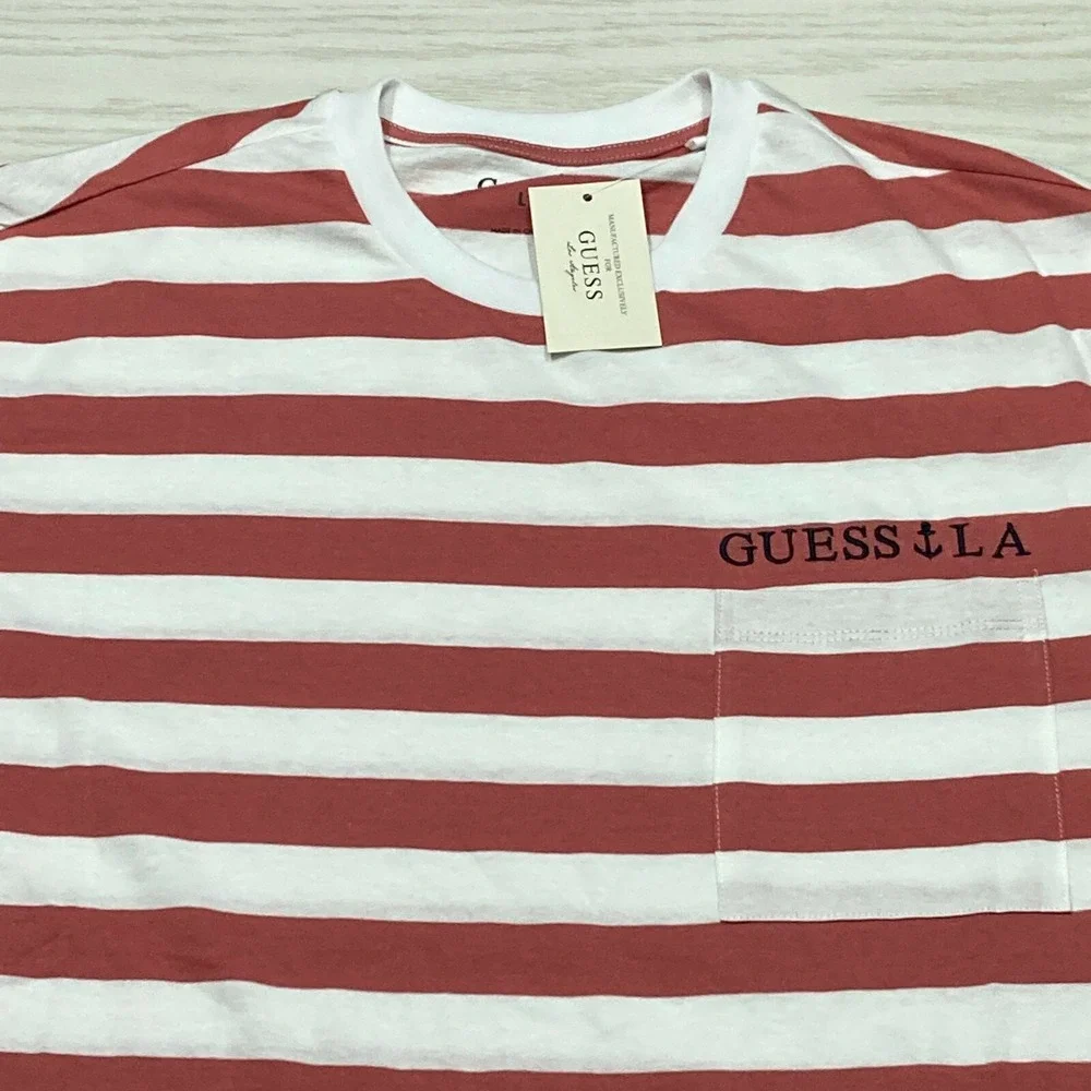 Guess Los Angeles Men's Nautical Stripe Pocket T-Shirt Sweet Rose Size Large - Picture 2 of 8